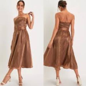 Lulus Chicly Stunning Shiny Brown Strapless Belted Midi Dress size L